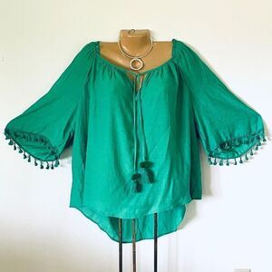 NWT Gorgeous Unique Spectrum 3X Green 3/4 Bell Tassel Sleeve Flowy Peasant Tunic